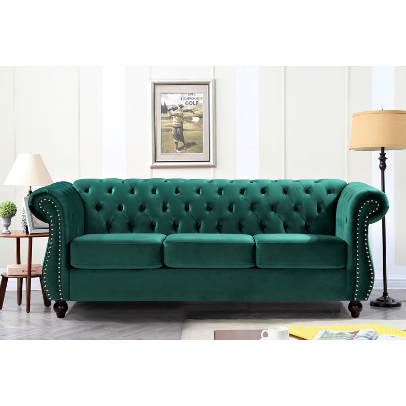 Felder 82.6" Velvet Rolled Arm Sofa, Green