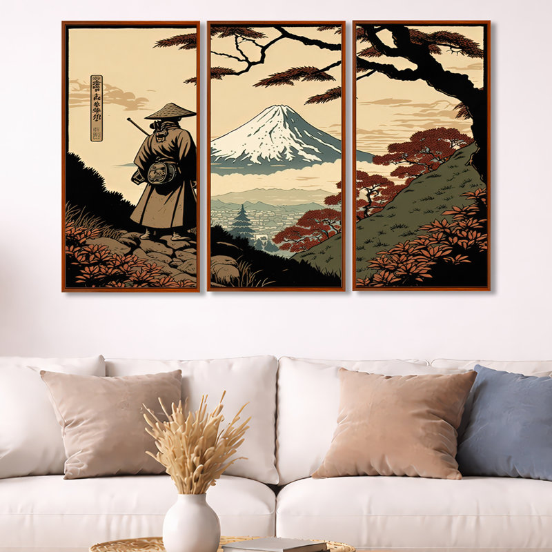 Samurai In Japon I - Ensemble d'art mural sur toile traditionnel, H 32 po x l 48 po, Cadre brun