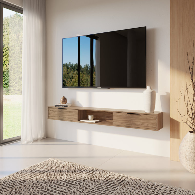 Slim Wall-Mounted TV Stand with 2 Storage Cabinets Fits TVs up to 70", Brown