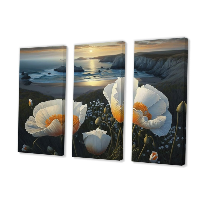 «White Flowers By The Coast III», reproduction sur toile 3 pièces, H 32 po x l 48 po x P 1 po, Toile tendue