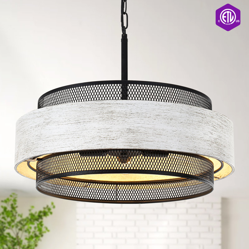 19.7 Inch 5-Light Rustic Large Round Farmhouse Drum Chandeliers, Metal Wood Texture Interior Hanging Lighting For Entryway Kitchen Island Foyer Bedroom Living Room