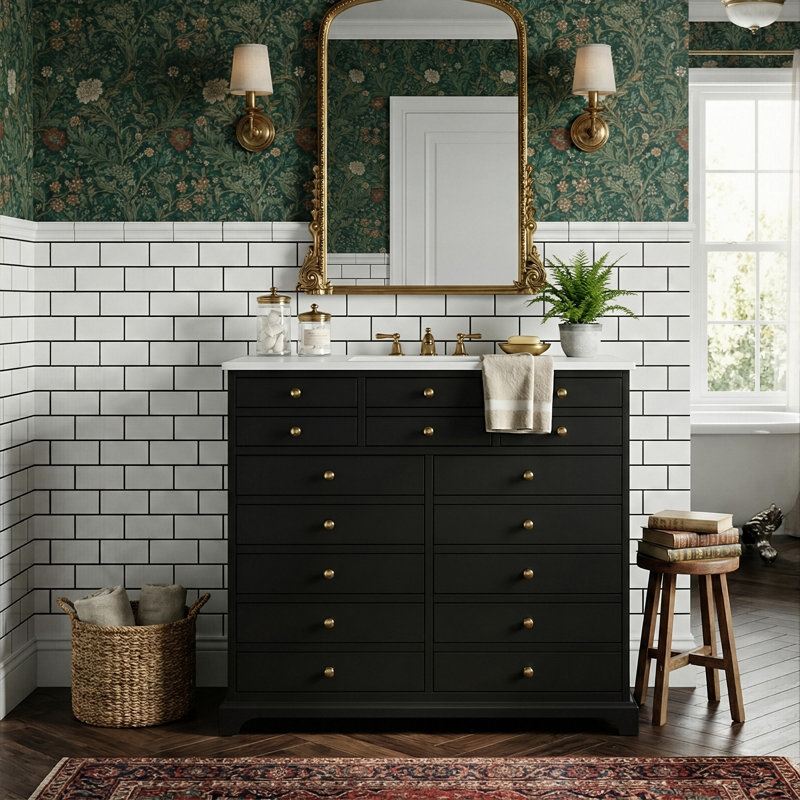 36" Solid Wood Frame Apothecary-Style Bathroom Vanity, Retro Grooved Cabinet With Ceramic Sink, 2 Drawers & 2 Doors (White / Black)