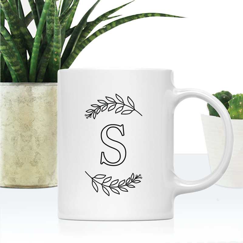 Tasse à café personnalisée avec monogramme personnalisé lettres A à Z, feuilles de laurier, tasse à café en céramique personnalisée de 11 oz, paquet de 1