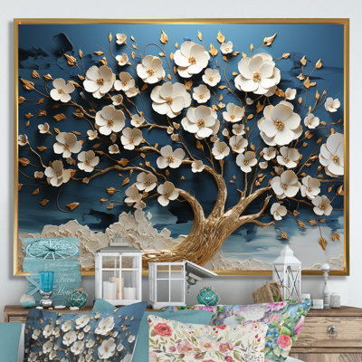 Arbre d'orchidée bleu et blanc doré de branches II - arbre, art mural
