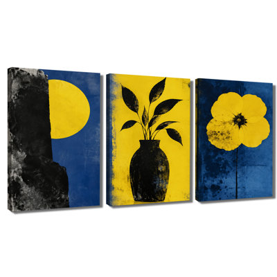 3 panneaux muraux Vase bleu audacieux à motif floral sur toile tendue pour le salon