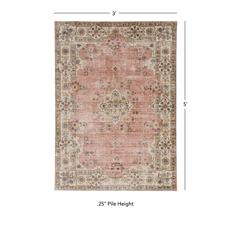 Delacroy Machine Washable Pink and Ivory Area Rug, Rectangle 3' x 5'