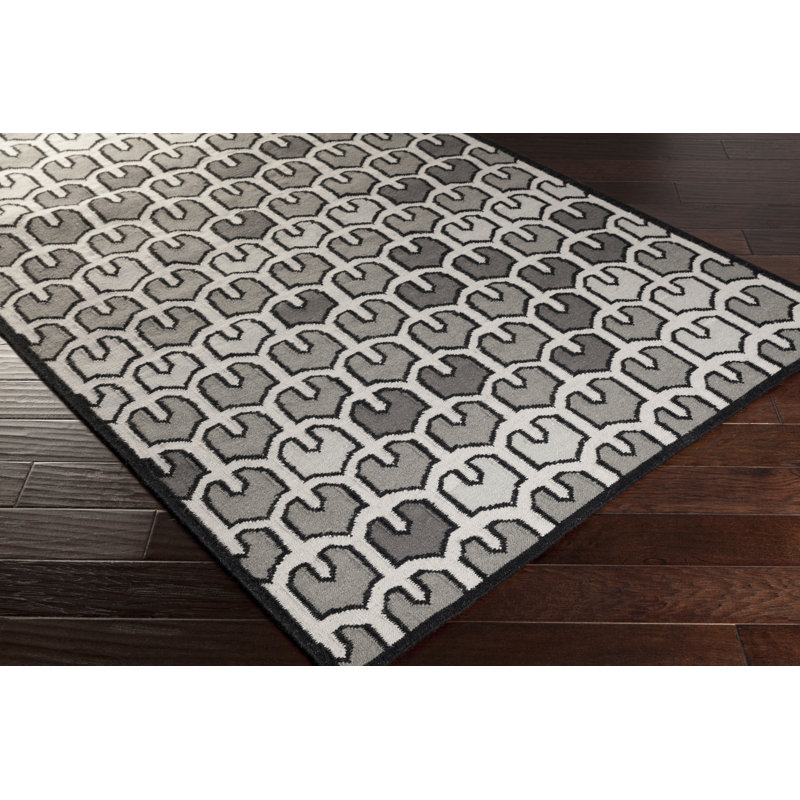 Tapis gris géométrique en laine tissé à plat à la main, Rectangle 2 pi x 3 pi