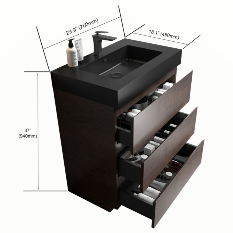 Meuble-lavabo autoportant de 30 po en noyer avec lavabo, grand meuble-lavabo autoportant pour salle de bain moderne, lavabo une pièce noir sans drain ni robinet, pré-assemblé