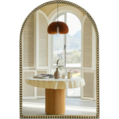 Arched Wall Mirror 20" X 30",Antique Gold Metal Beaded Frame
