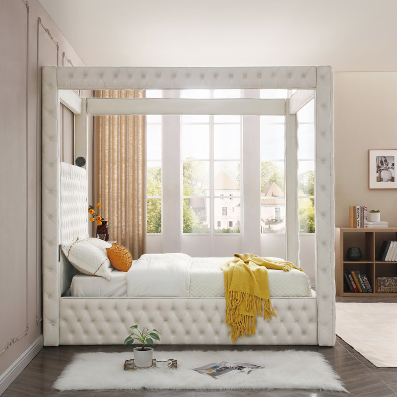 Luxurious Cream Velvet King Canopy Bed with Tufted Upholstery