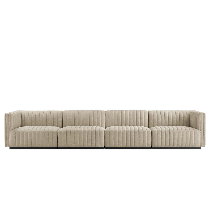 Conjure Channel Tufted Sofa by Modway, Black, Beige Polyester, 28" H x 155" W x 36.5" D