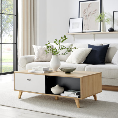 Bonnet Matte Off White & Wood Living Room Centre Table - Coffee Table with Storage