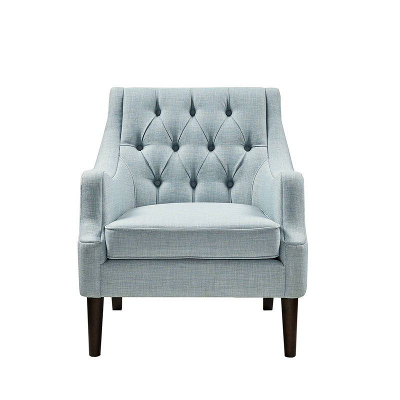 Chaise à boutons avec mousse haute, pieds en bois massif, chaise berçante rembourrée bleu poudré,, Bleu cendré