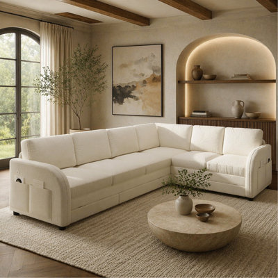 Canapé-lit en forme de L de 115,2 po avec lit escamotable, canapé-lit convertible surdimensionné avec poche latérale et port USB, canapé modulaire rembourré en molleton Sherpa avec face à gauche / droite convertible, beige / blanc