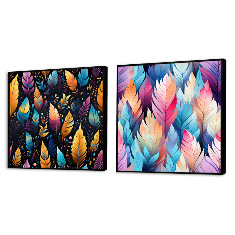 Tribal Dreamscape Feather Boho Motif III - Botanicals abstraits ensemble de collage carré, Cadre flottant noir