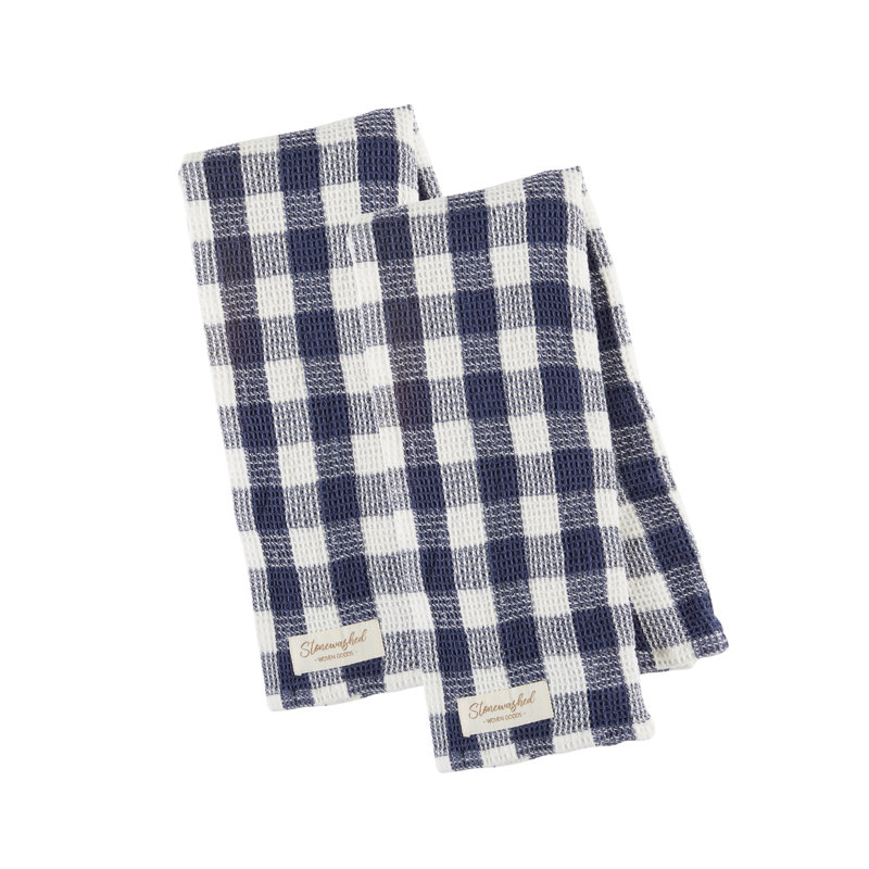 Washed Waffle Dishtowel Set/2, Olive Checker, Denim Blue
