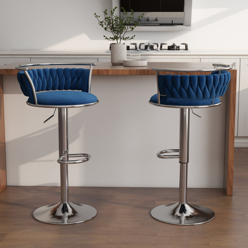 Christal Height Adjustable Swivel Bar Stool, Navy Blue, Silver