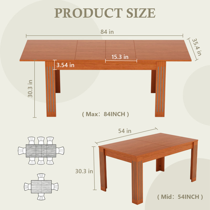 Table de salle à manger extensible 54 à 84 po pour 4 à 8 personnes, table de cuisine en bois, comprend un chemin de table - noyer