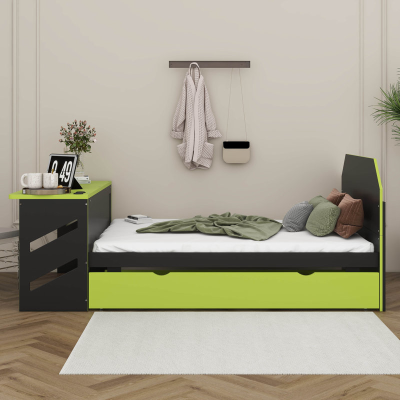Full Size Wood Daybed With  Trundle, Built-In Desk, USB Charging Ports, Gaming Style Multifunctional Bed For Teens, Green