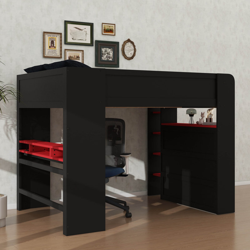 Lit superposé double avec bureau à hauteur réglable, avec garde-robe et éclairage RVB, Rouge