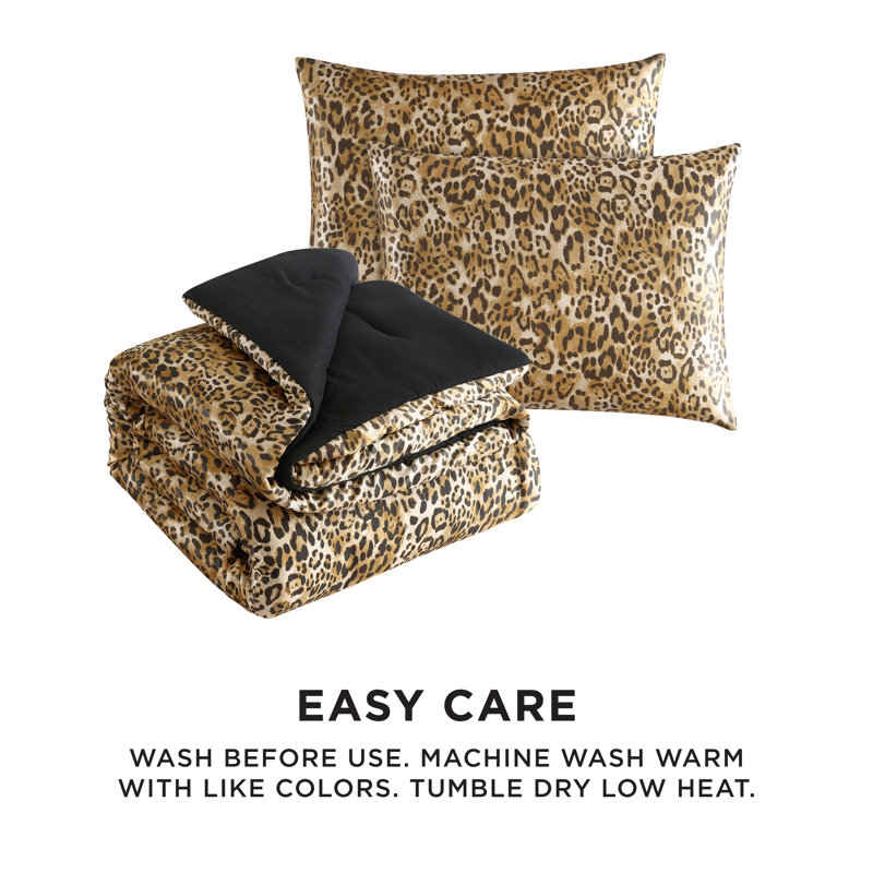 Juicy Couture Cheetah Leopard Print Reversible Satin Duvet Cover & Shams Bedding Sets, King Duvet + 2 King Shams