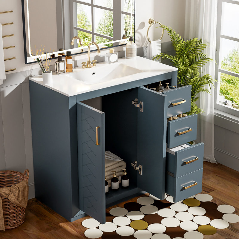 Meuble-lavabo de 36 pouces avec lavabo en céramique, structure en bois massif, charnières à fermeture en douceur, 3 tiroirs, grand espace, look rétro, quincaillerie exquise, conception à rainures, armoire de rangement multifonctionnelle, lavabo,