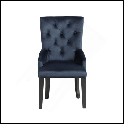Velvet Upholstered Side Chair With Nailhead Trim, Dark Navy And Black