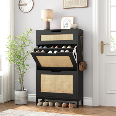 Rattan Shoe Cabinet Storage for Entryway with 2 Flip Drawers & 1 Top Drawer, Narrow Shoe Storage Cabinet with Metal Legs, Shoe Rack Cabinet for Foyer, Hallway (Natural Wood)