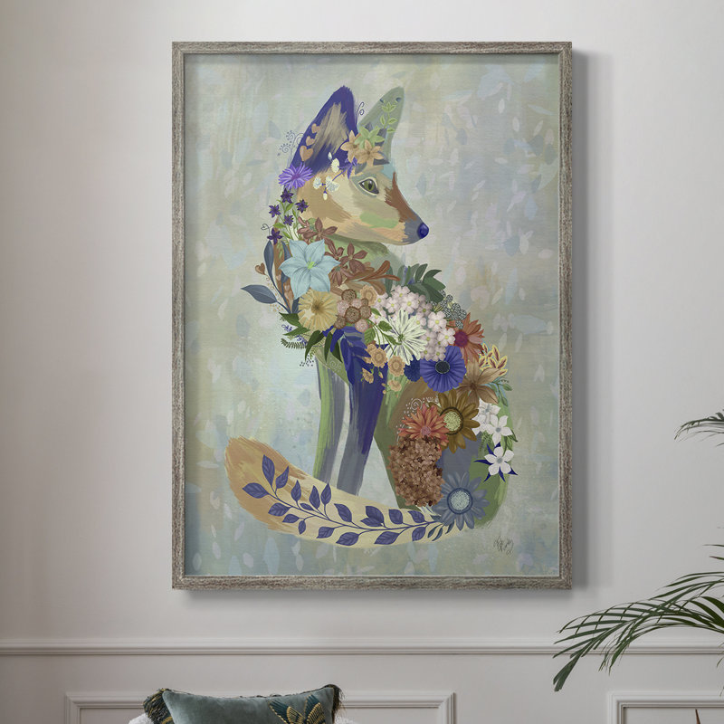Fantastic Florals Fox, assis, reproduction encadrée - bois massif, H 11 po x l 9 po