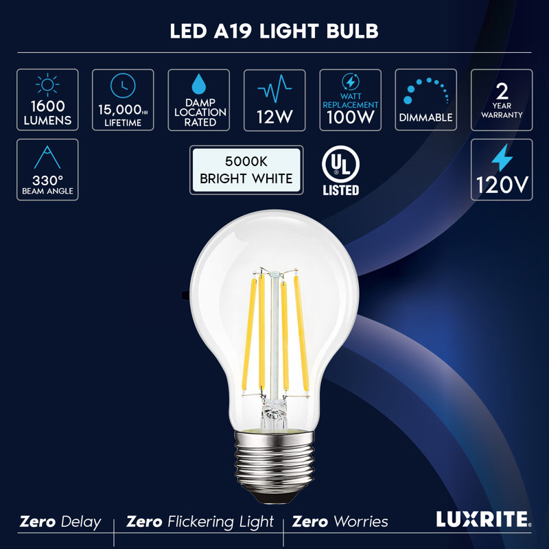 12 watts, ampoule DEL intelligente A19 à intensité variable, 5000 K