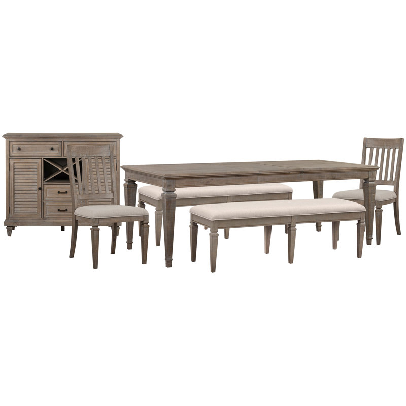 Extendable Rectangular Dining Table 2 Benches 2 Side Chairs And Server, 6 Pcs: Table, 2 Benches, 2 Chairs, Server