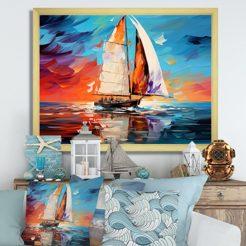 Voilier abstrait maritime I, Cadre doré simple, H 34 po x l 44 po x P 1,5 po