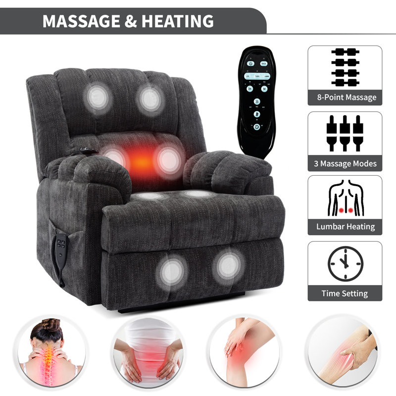 Dual Power Lift Recliner With Heat And Massage, Infinite Position, 180°reclining, Sidepocket, Dark Gray