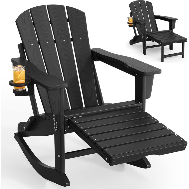 1pcs Folding Adirondack Rocking Chair, with Retractable Ottoman, Black