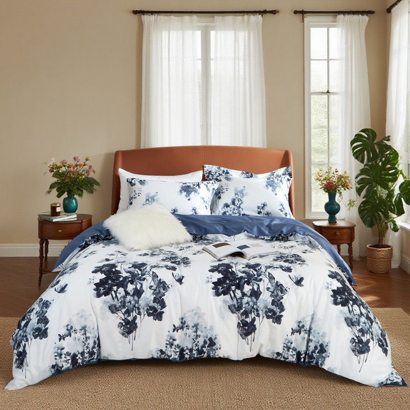 Ensemble de housse de couette à motif aquarelle bleu marine 3 pièces Lunaria, 100% coton à longues fibres, confort doux et respirant
