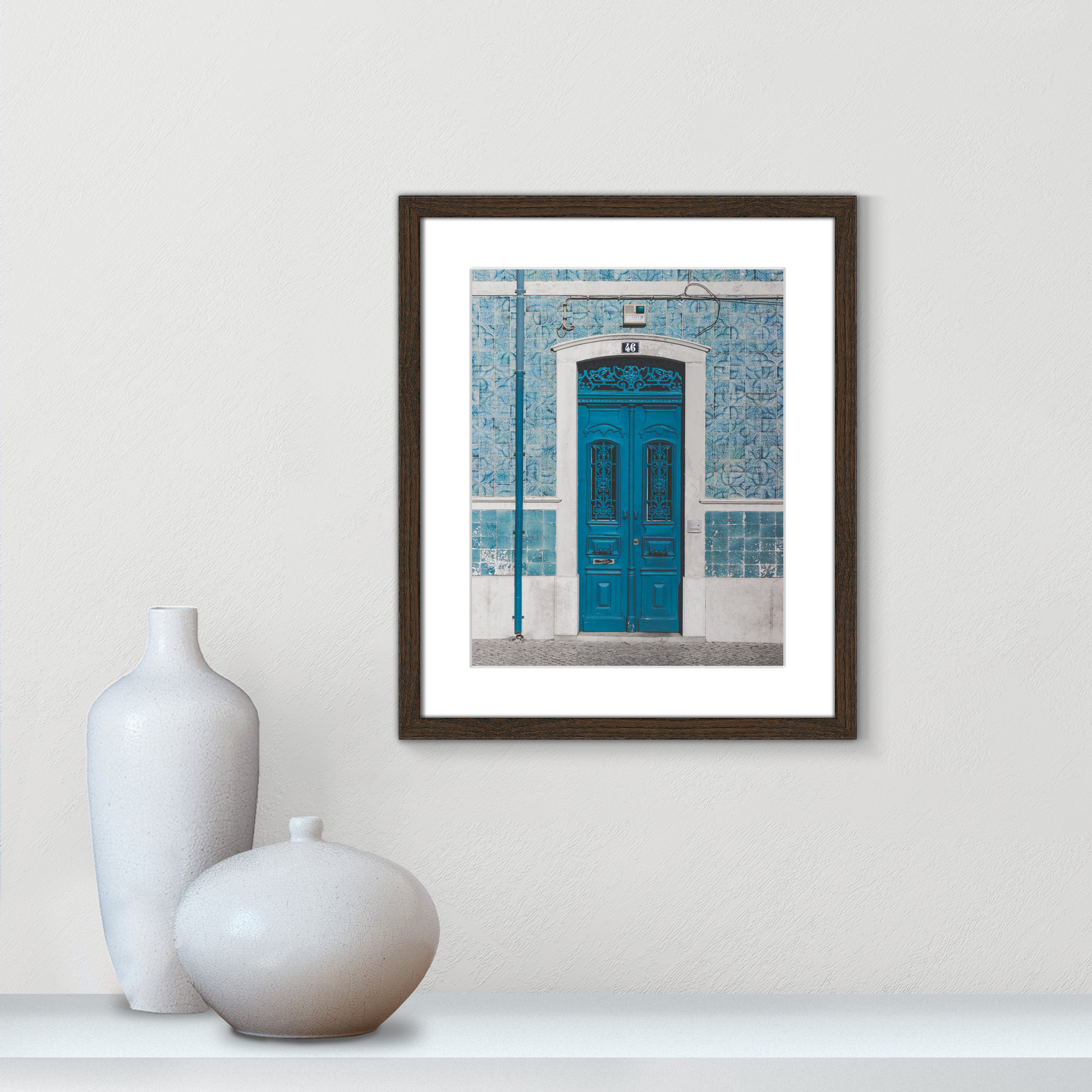 Blue Door Of Caldas De Rainha, Portugual by Catarina Carvalho, 19" H x 16" W x 0.75" D, Walnut
