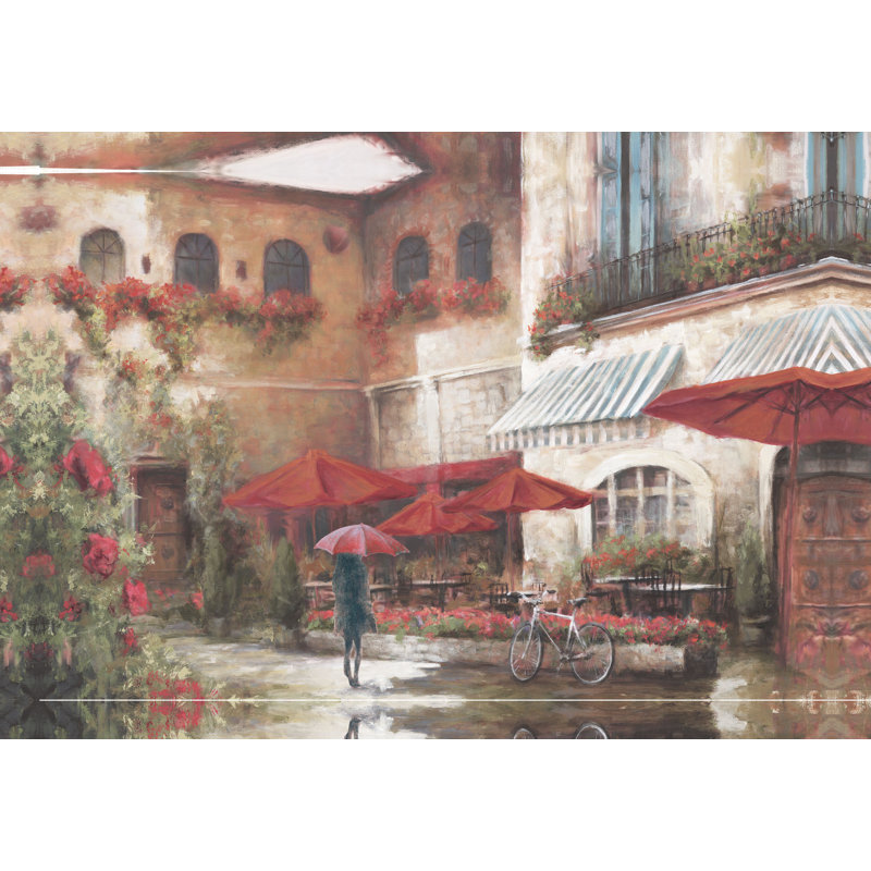 Red Umbrella Outside Bistro - Painting Print, 51cm H x 76cm W, Black Floater Framed