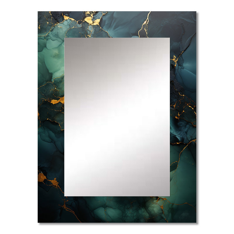 Or et vert abstrait marbre design III - miroir mural en marbre, miroir décoratif moderne, impression d'art en métal