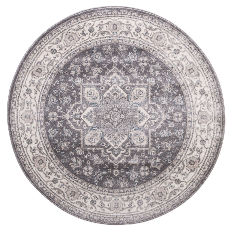 Tapis oriental gris tissé à la machine, Rond 5 pi