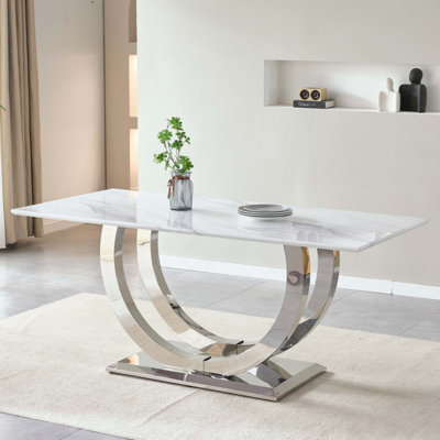 Rectangular Dining Table, Modern Simple, Marble Tabletop, MDF Tabletop, Stainless Steel Mirror Surface, Suitable For 4-6 People Marble Pattern