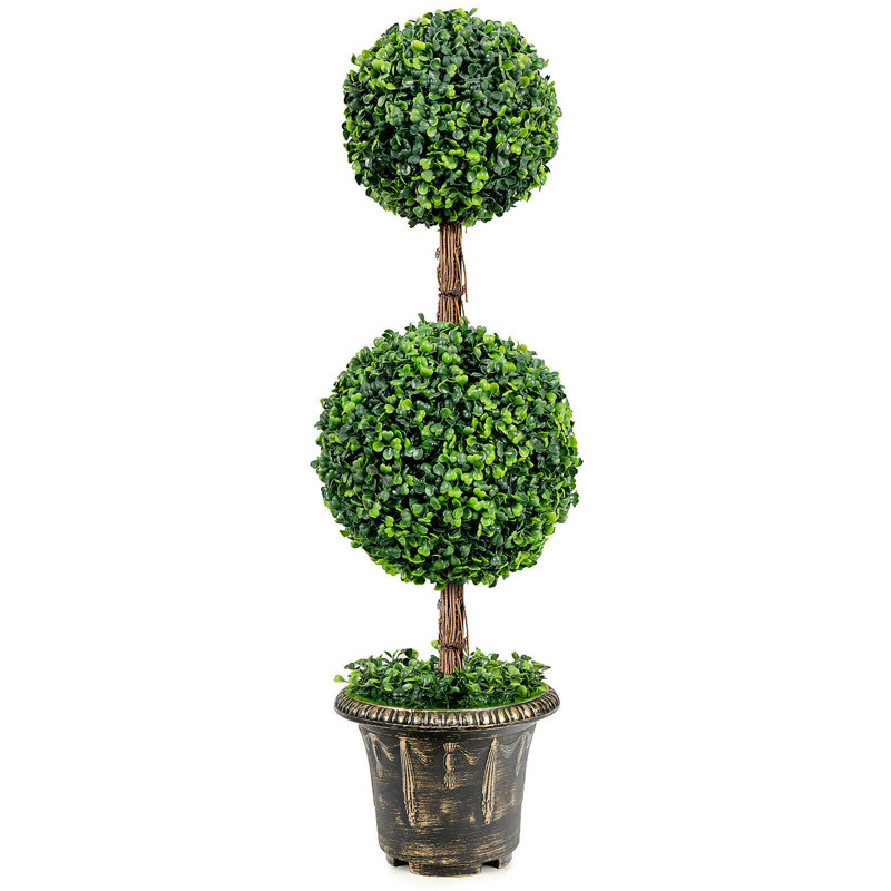 36'' Green Plastic Double Ball Topiary in Cement Pot