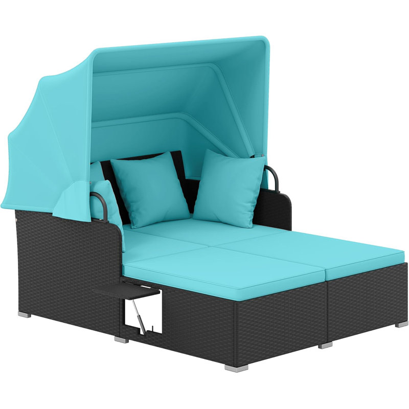 Lit de jour de patio en rotin avec auvent rétractable, chaise longue en osier Patiojoy avec 2 panneaux latéraux pliables, coussins de siège et de dossier épais, pour le jardin, la cour arrière, le porche (turquoise)