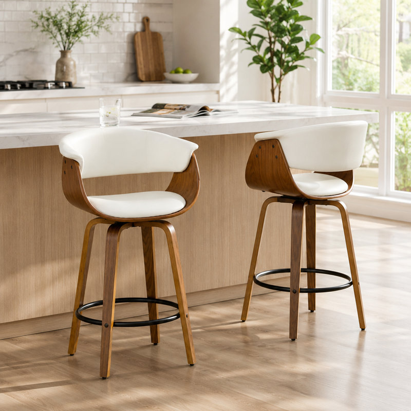 Modern Upholstered Swivel 26'' Counter Stools, Wood Kitchen Island Stools with Footrest, White