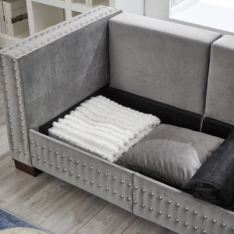 Décoration de canapé de salon de style contemporain avec accoudoirs carrés décorés de clous argentés, Gris