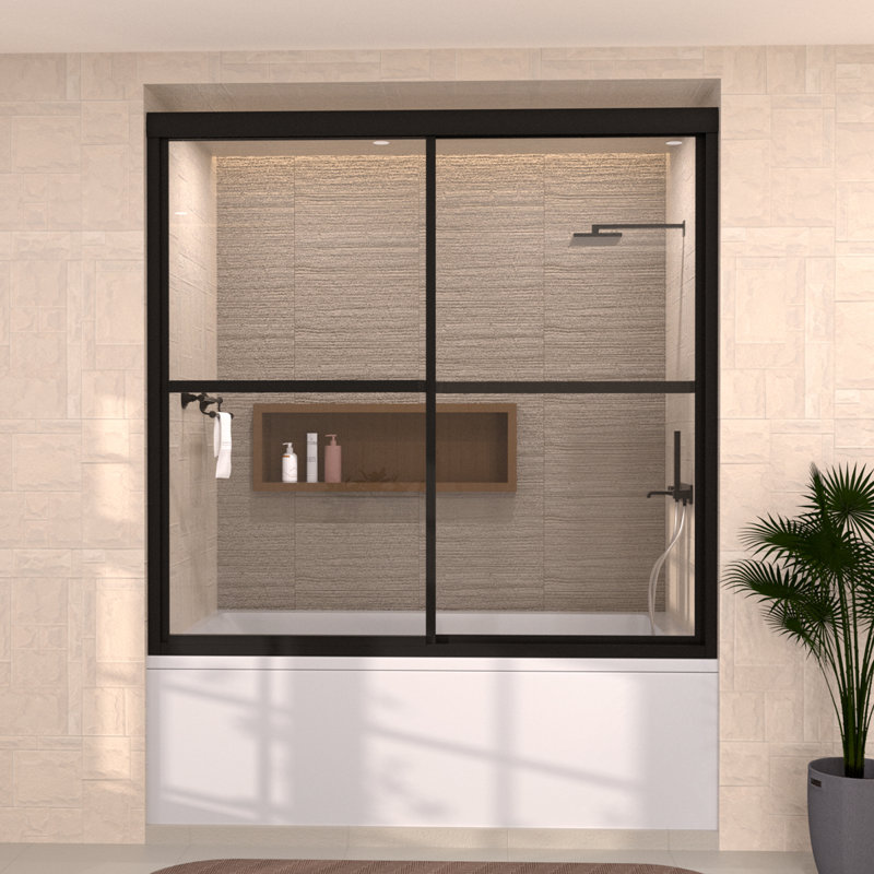 Vetra 59 In. W X 56 In. H Sliding Framed Tub Door in Matte Black With Clear Glass, Matte Black