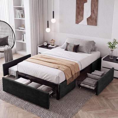 3-Drawer Underbed Storage Upholstered Platform Bed Frame, No Headboard - Space-Saving Low Profile Base - Twin, Dark Gray