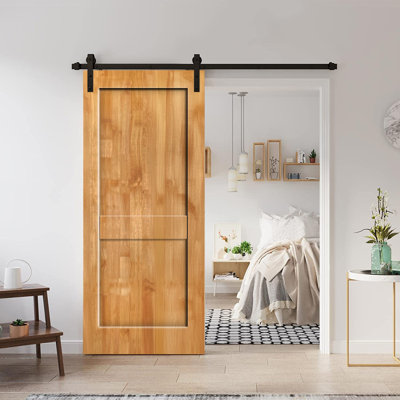Porte de grange coulissante intérieure en bois de pin teinté 2 panneaux avec ensemble de quincaillerie