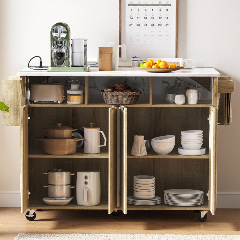 Modern Fluted Kitchen Island with 2 Drop-Leaf, Built-in Power Outlet & 4 Doors, 55.5" Rolling Storage Cart with Spice Rack