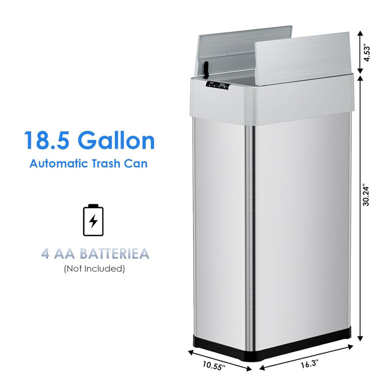 Poubelle automatique 18,5 gallons, poubelle à capteur de mouvement en acier inoxydable, poubelle brossée sans contact, avec papillon, couvercle à fermeture en douceur
