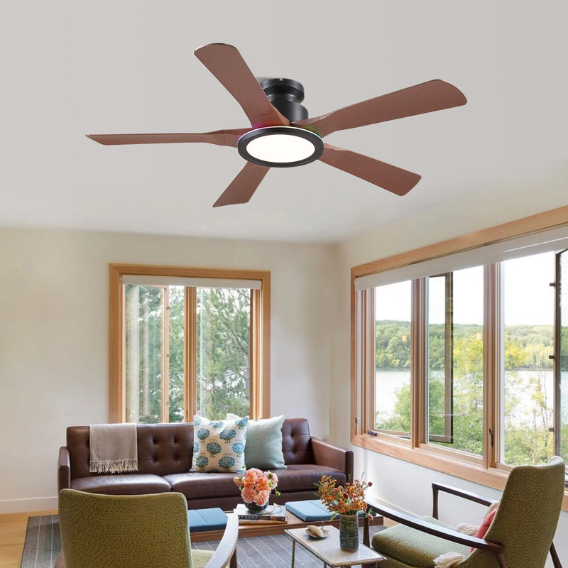 Ventilateur de plafond encastré à profil bas 52 "avec lumière annulaire RVB, Noir avec pales noyer